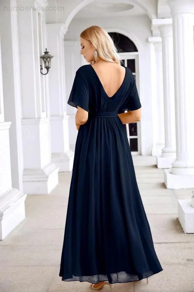 Ladies Chiffon Sleeve Crew Neck Front Slit Floor Length Bridesmaid Evening Dress Wedding Party Evening Dress 28124 (ZD17007)