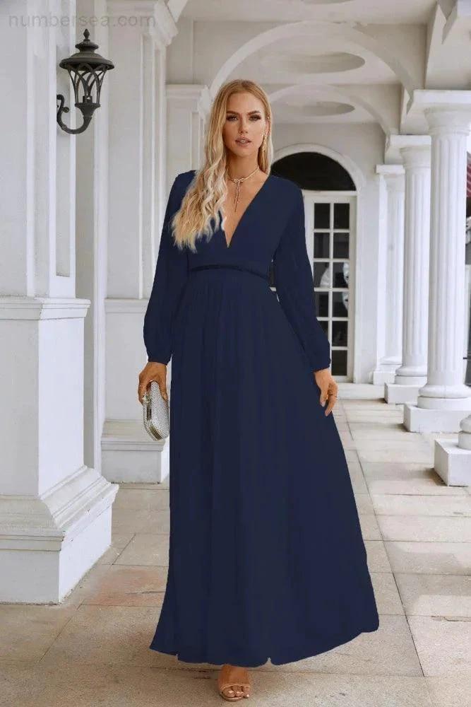 Ladies V Neck Chiffon Long Sleeve Front Slit Bridesmaid Evening Dress Wedding Party Shopping Evening Dress 28109 (ZD16991)