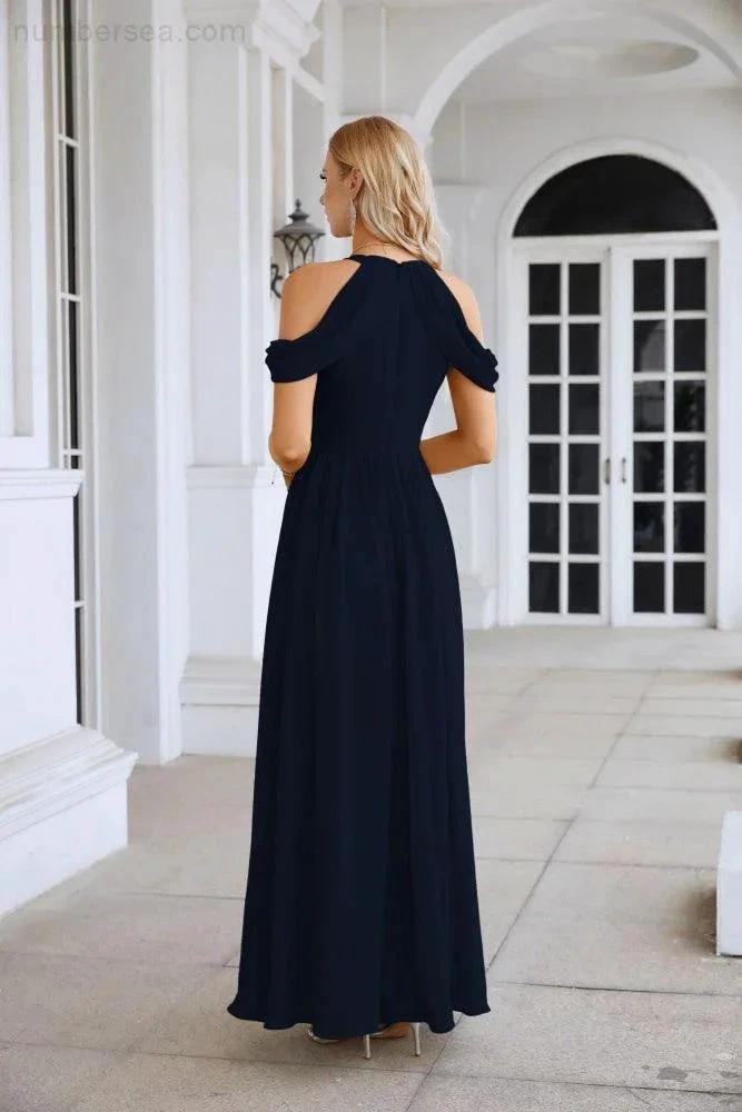 Ladies Chiffon Off Shoulder Swing Sleeve Front Slit Bridesmaid Evening Dress Wedding Party Evening Dress 28117 (ZD17011)