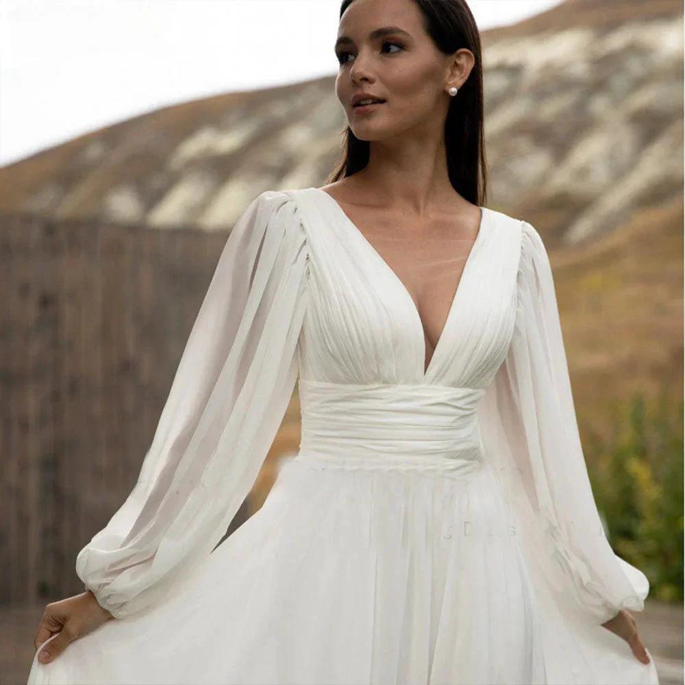 Simple Puff Sleeve Wedding Dress Bridal Long A Line Backless Beach Bride Gown Sweep Train Chiffon Robe De Mariée Vestidos (ZD13344)