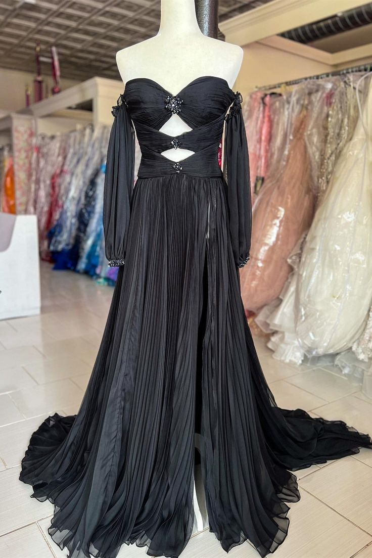 Black Rhinestones Strapless A-Line Prom Dress with Sleeves - FashionDia