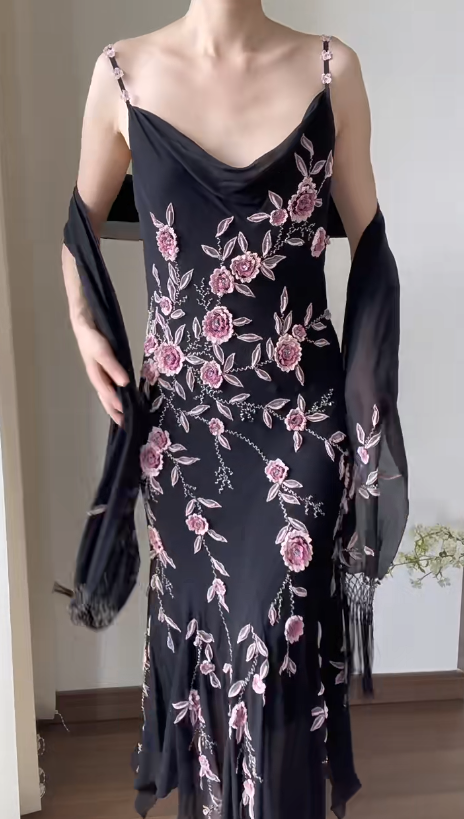 Chiffon Black Prom Party Dress With 3D Flowers Vintage Flora Evening Dress