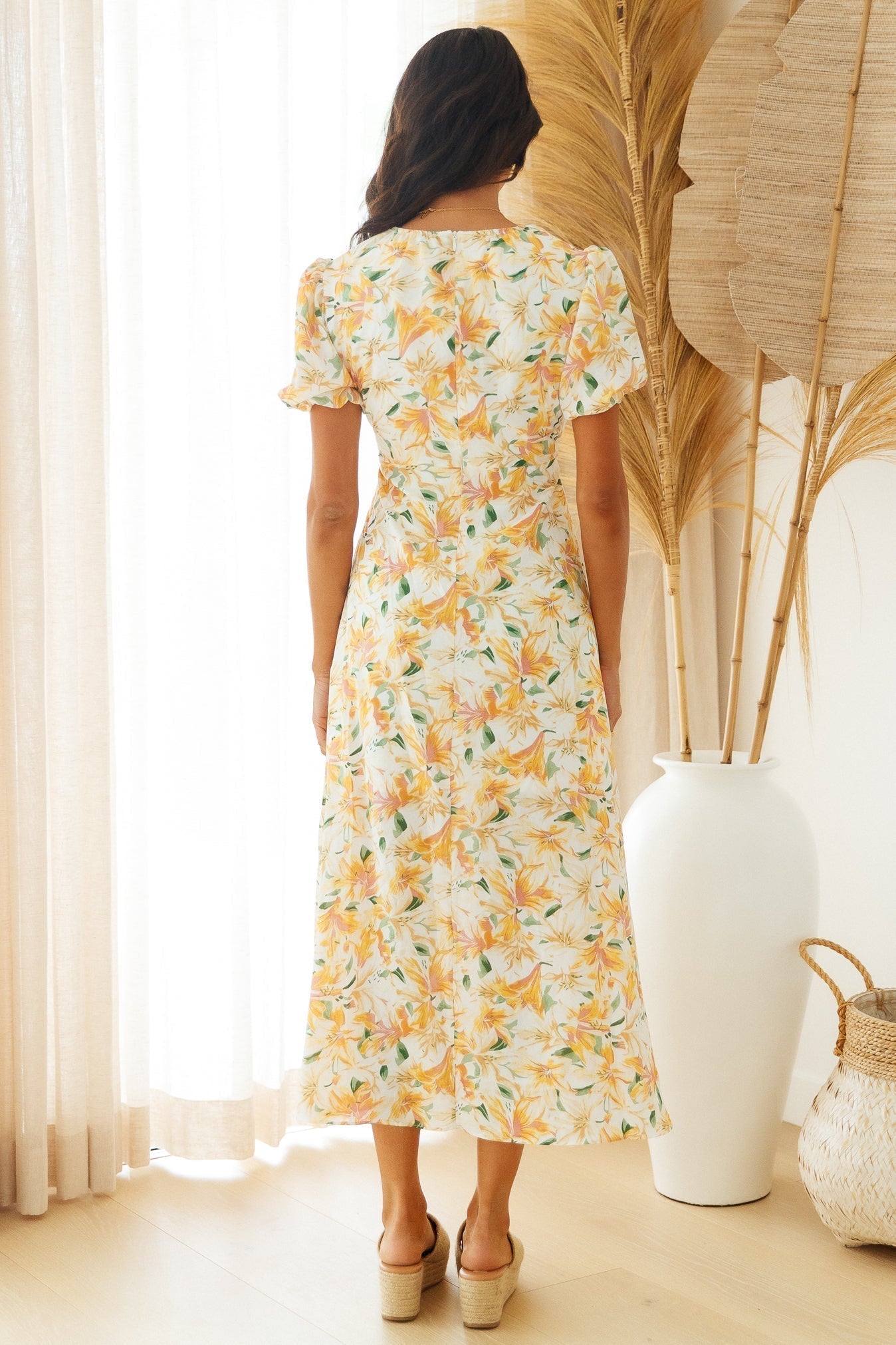 Waist Revealing Long Dress Printed Short Sleeve Puff Sleeve Dress