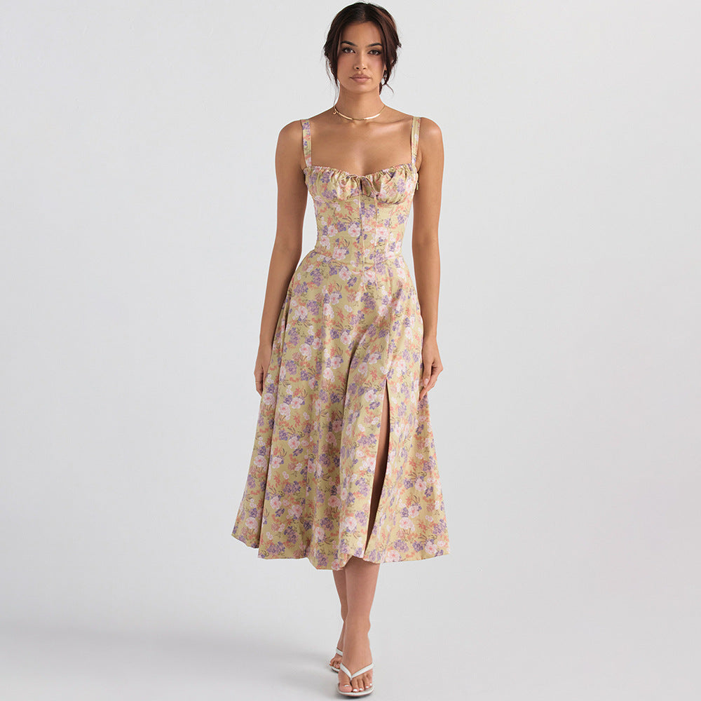 Backless Slim Fit Strap Dress Vacation Floral Split Mid Length Dress