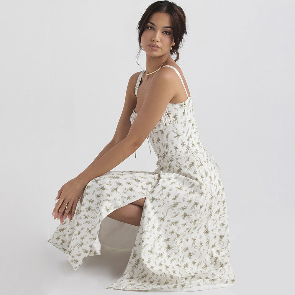 Backless Slim Fit Strap Dress Vacation Floral Split Mid Length Dress