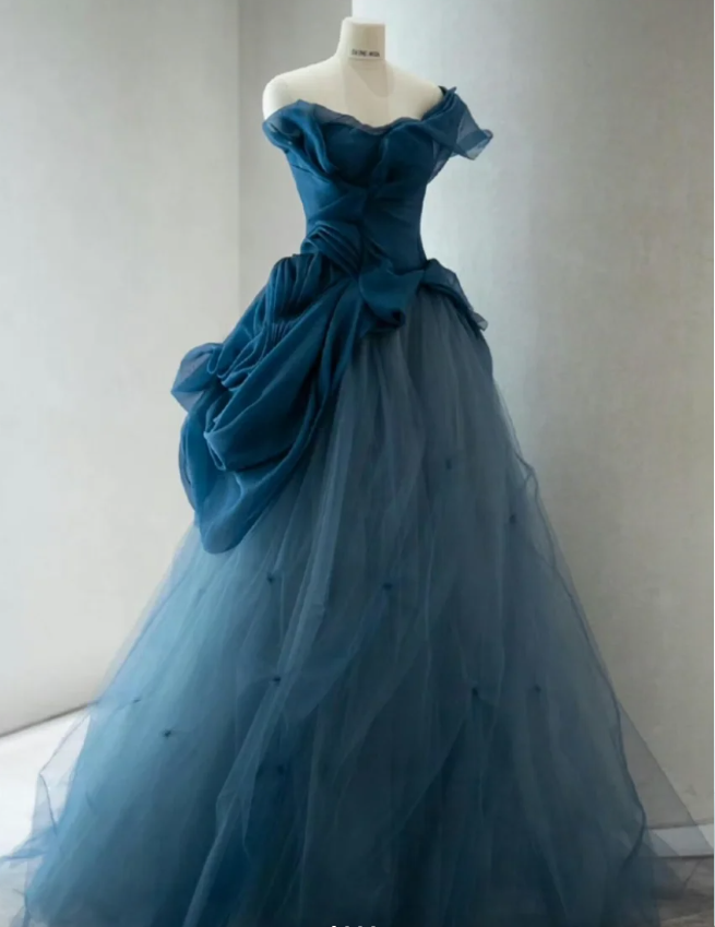 Retro Elegant Navy Blue One-shoulder Tulle Long Ball Gown Evening Dress