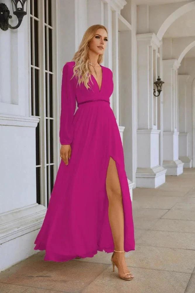Ladies V Neck Chiffon Long Sleeve Front Slit Bridesmaid Evening Dress Wedding Party Shopping Evening Dress 28109 by numbersea