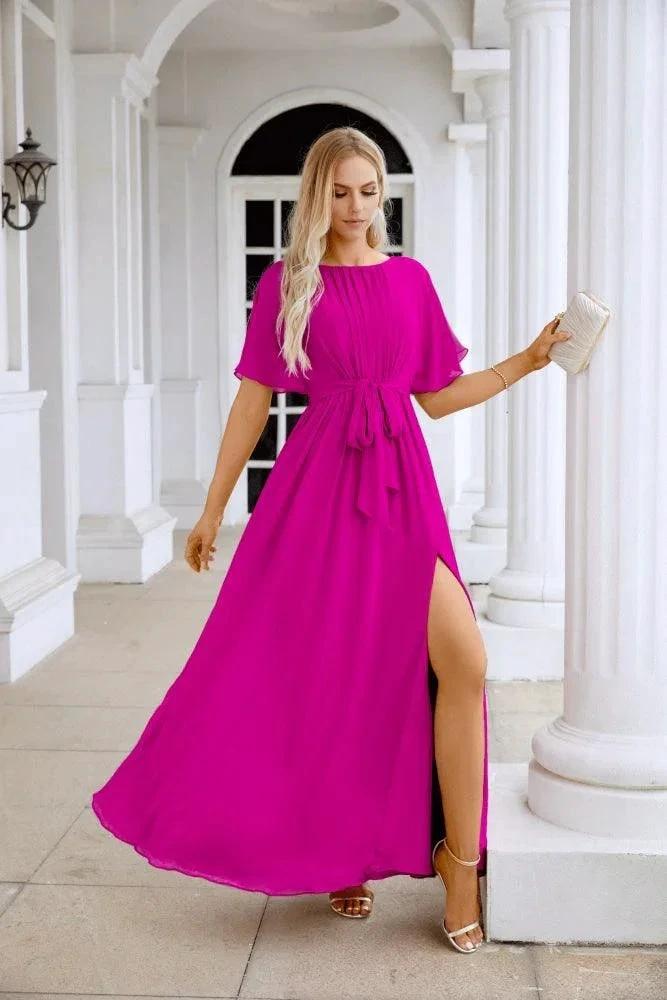 Ladies Chiffon Sleeve Crew Neck Front Slit Floor Length Bridesmaid Evening Dress Wedding Party Evening Dress 28124 by numbersea