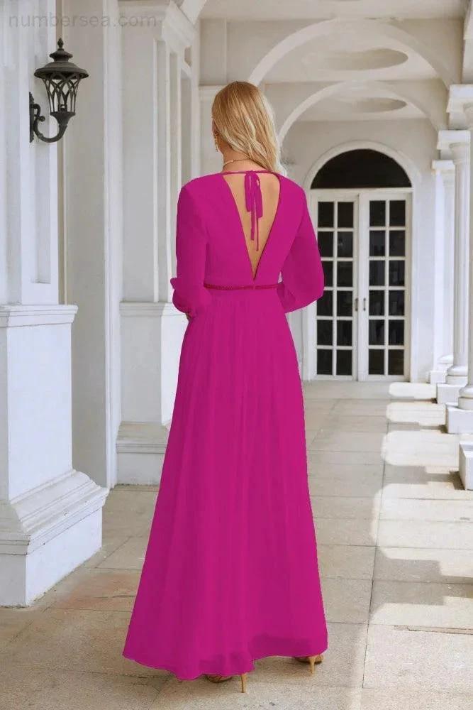 Ladies V Neck Chiffon Long Sleeve Front Slit Bridesmaid Evening Dress Wedding Party Shopping Evening Dress 28109 (ZD16991)