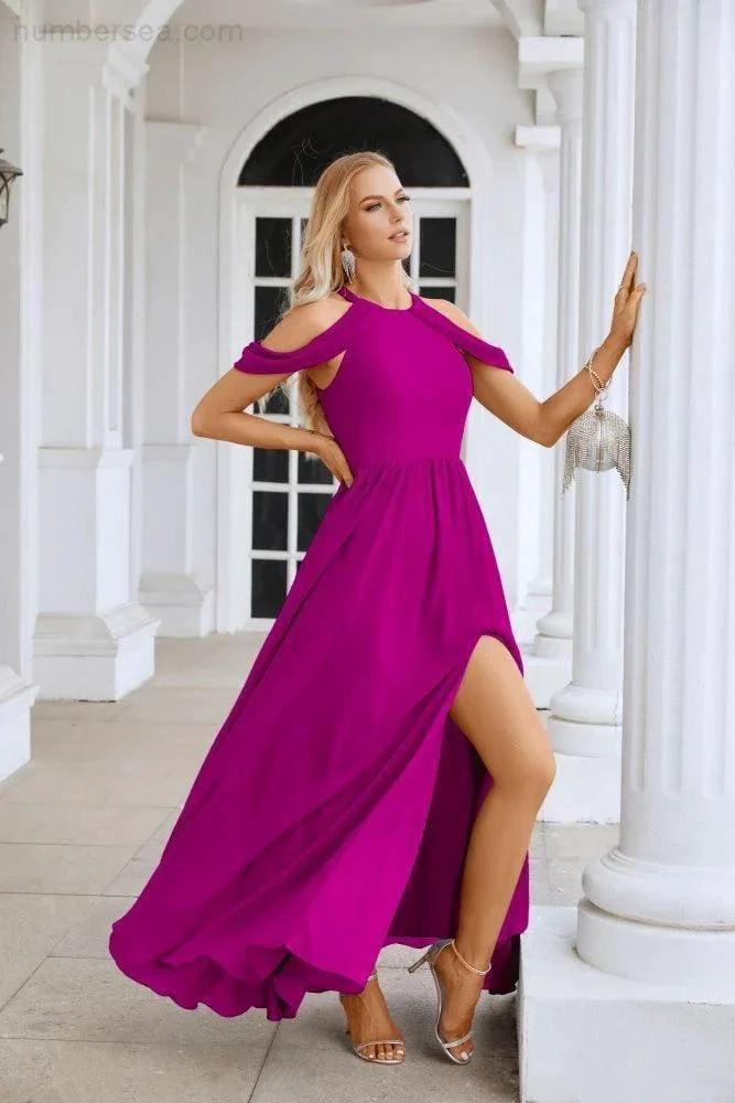 Ladies Chiffon Off Shoulder Swing Sleeve Front Slit Bridesmaid Evening Dress Wedding Party Evening Dress 28117 (ZD17011)