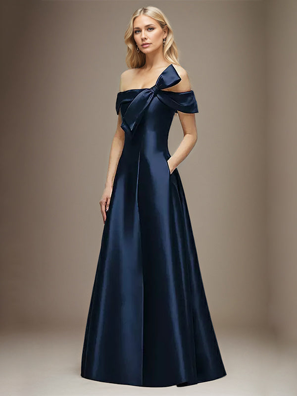 Navy Blue Satin A Line Off the Shoulder Floor Length Dress With Bow