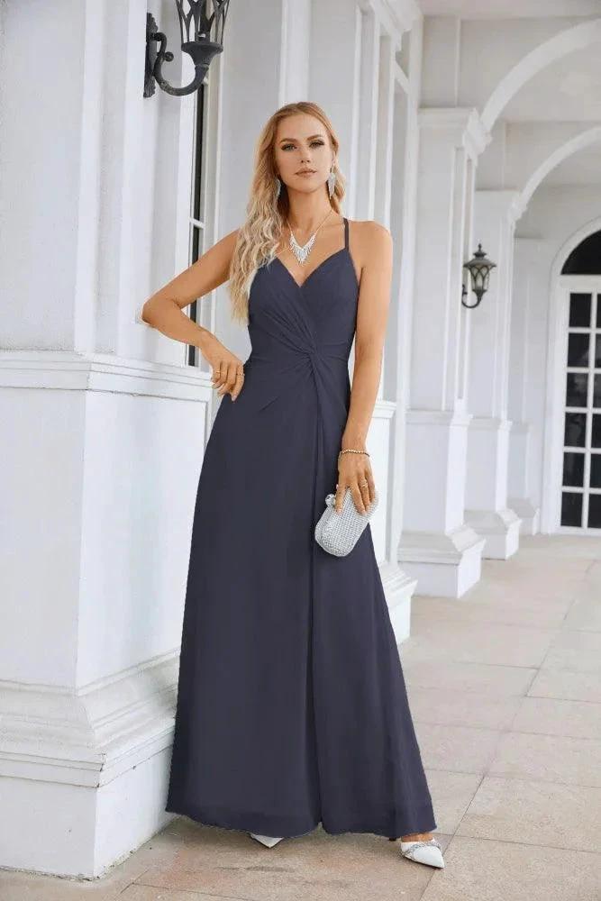 Ladies Chiffon Spaghetti Strap V Neck Front Slit Floor Length Bridesmaid Evening Dress Prom Party Wedding Evening Dress 28116 by numbersea
