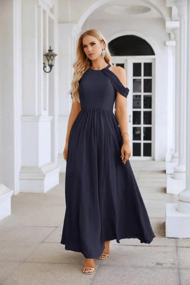 Ladies Chiffon Off Shoulder Swing Sleeve Front Slit Bridesmaid Evening Dress Wedding Party Evening Dress 28117 (ZD17011)