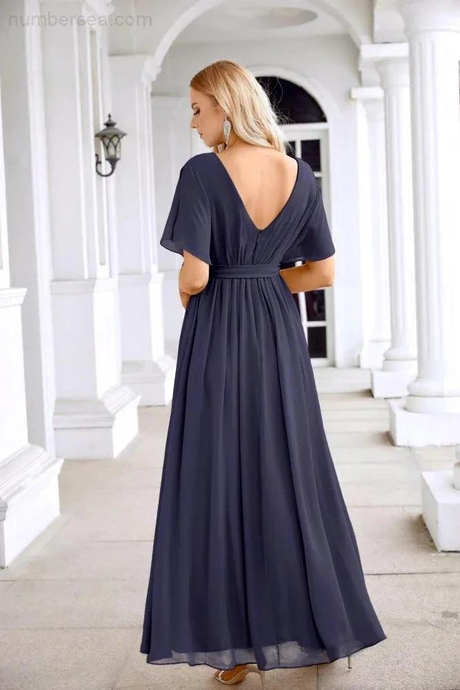 Ladies Chiffon Sleeve Crew Neck Front Slit Floor Length Bridesmaid Evening Dress Wedding Party Evening Dress 28124 (ZD17007)