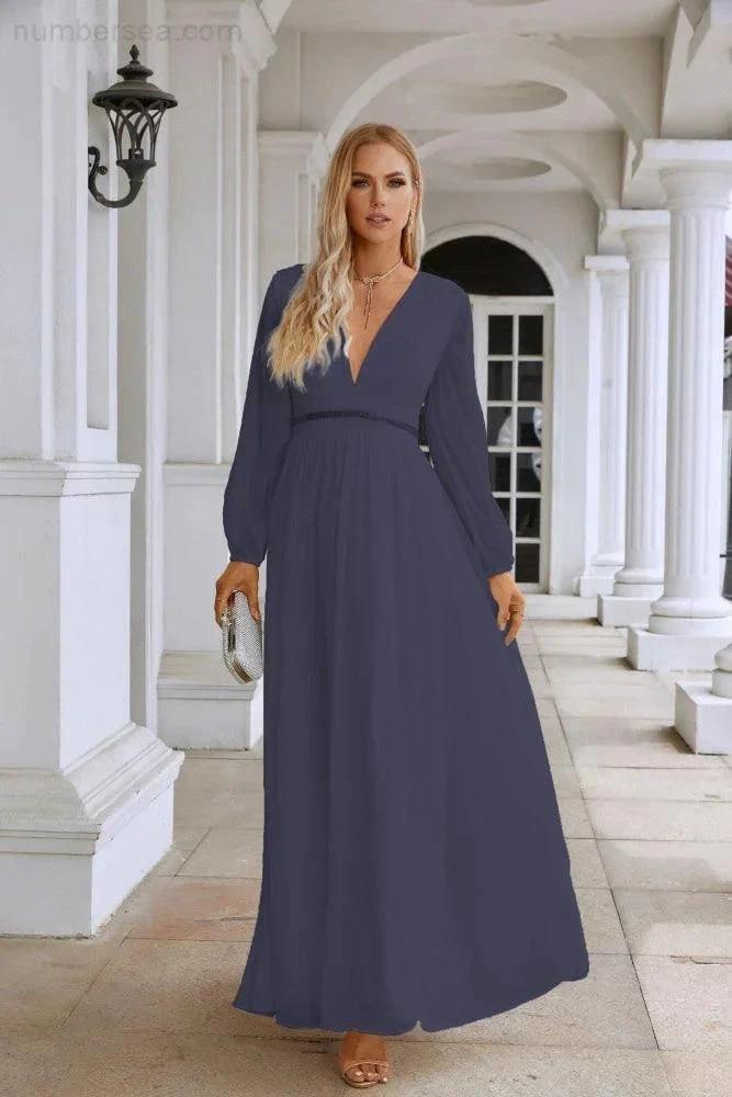 Ladies V Neck Chiffon Long Sleeve Front Slit Bridesmaid Evening Dress Wedding Party Shopping Evening Dress 28109 (ZD16991)