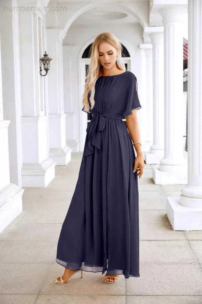 Ladies Chiffon Sleeve Crew Neck Front Slit Floor Length Bridesmaid Evening Dress Wedding Party Evening Dress 28124 (ZD17007)