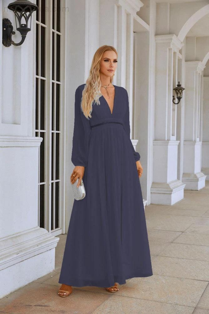 Ladies V Neck Chiffon Long Sleeve Front Slit Bridesmaid Evening Dress Wedding Party Shopping Evening Dress 28109 (ZD16991)