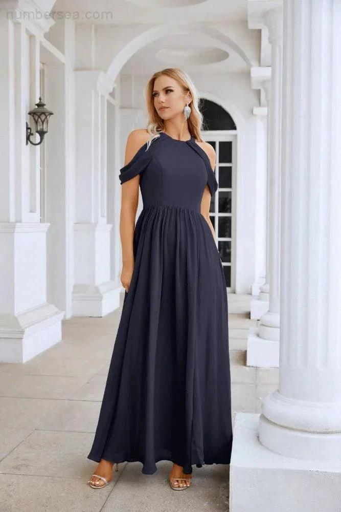 Ladies Chiffon Off Shoulder Swing Sleeve Front Slit Bridesmaid Evening Dress Wedding Party Evening Dress 28117 (ZD17011)