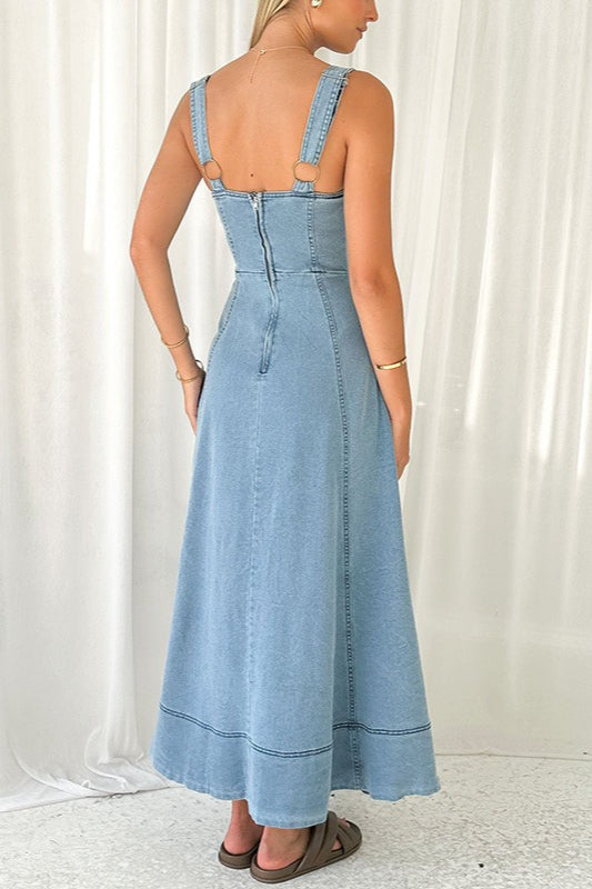 Strappy Backless Maxi Denim Dress - View 4 | VelvetHem