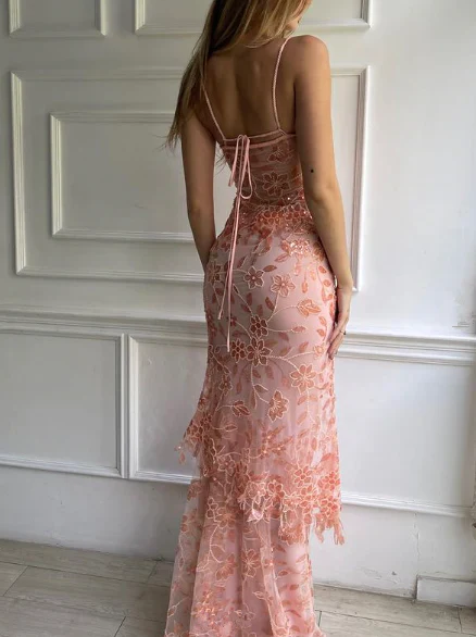 Gorgeous Pink Lace Beading Mermaid Evening Dress Party Prom Dress - View 3 | FashionDia