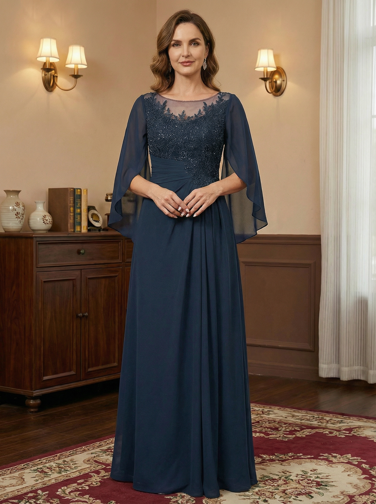 A-Line/Princess Scoop Floor-Length Mother of the Bride Dresses with Pleated & Sequins - FashionDia
