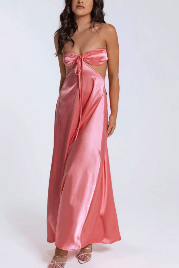 Off Shoulder Back Tie-up Light Weight Satin Maxi Dress - Fashionpara