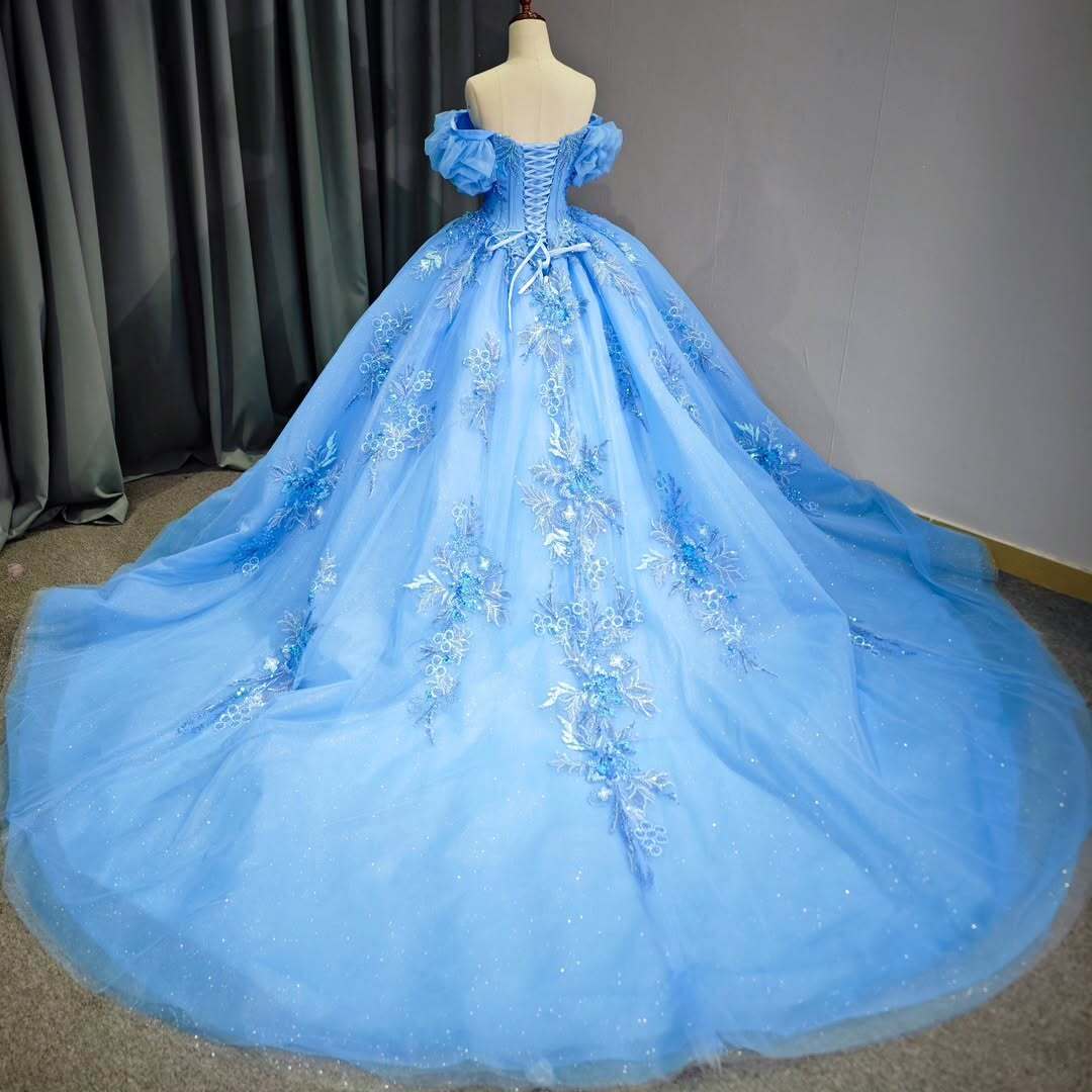 Elegant A Line Off the Shoulder Blue Ball Gown Quinceanera Dress with Beading Appliques