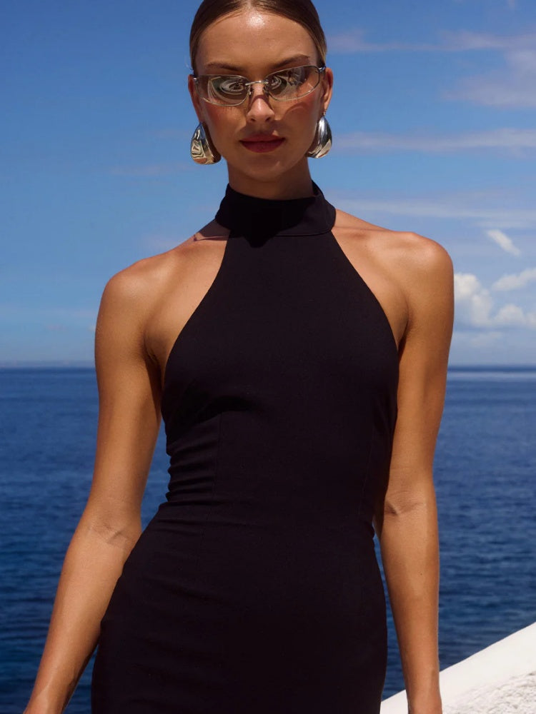 Tulle Hanging Neck Panel Evening Gown