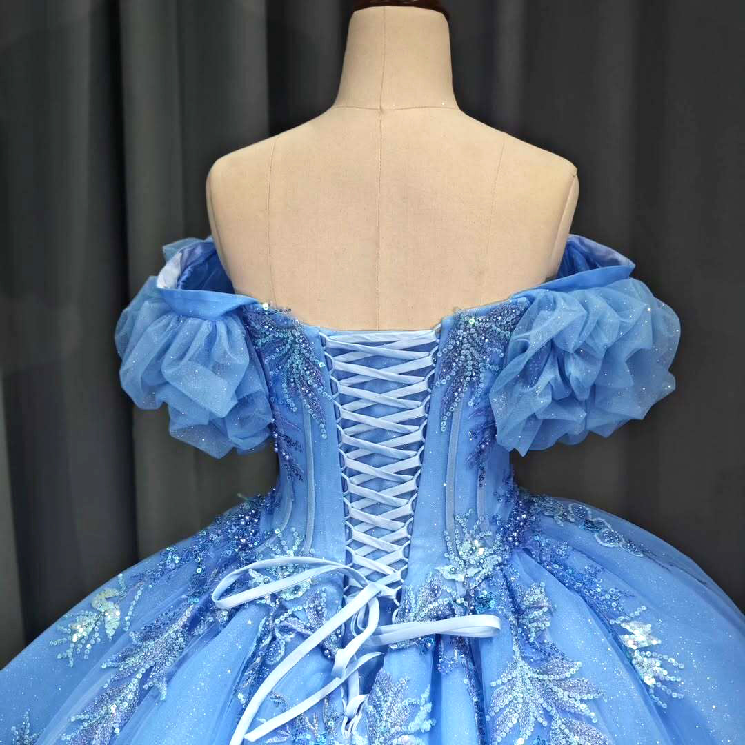 Elegant A Line Off the Shoulder Blue Ball Gown Quinceanera Dress with Beading Appliques
