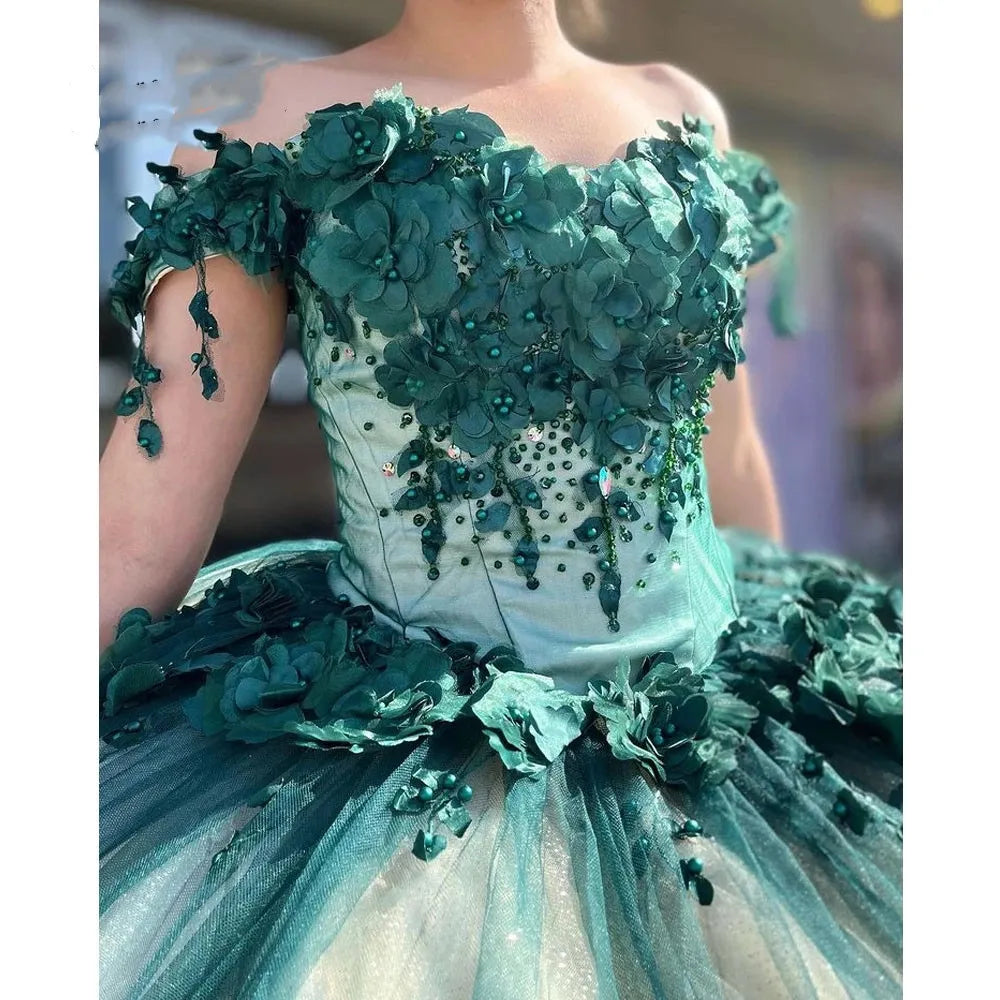 Green Quinceanera Dresses Off Shouder Beads Appliques Ball Gown Sweet 16 Dress - View 2 | FashionDia