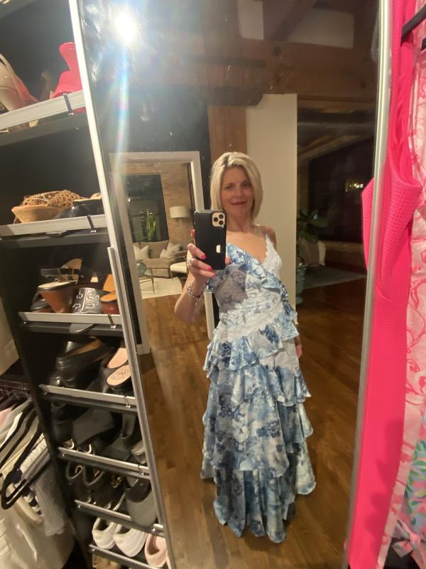 Vintage Blue Satin Print Tiered Ruffles A-Line party Dress,Spaghetti Straps Prom Evening Dress - View 3 | FashionDia