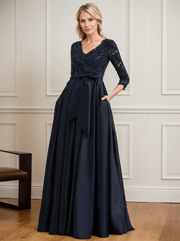 A-line V-Neck Floor-Length Satin Lace Mother of the Bride Dress With Sequins Bow - View 2 | FashionDia