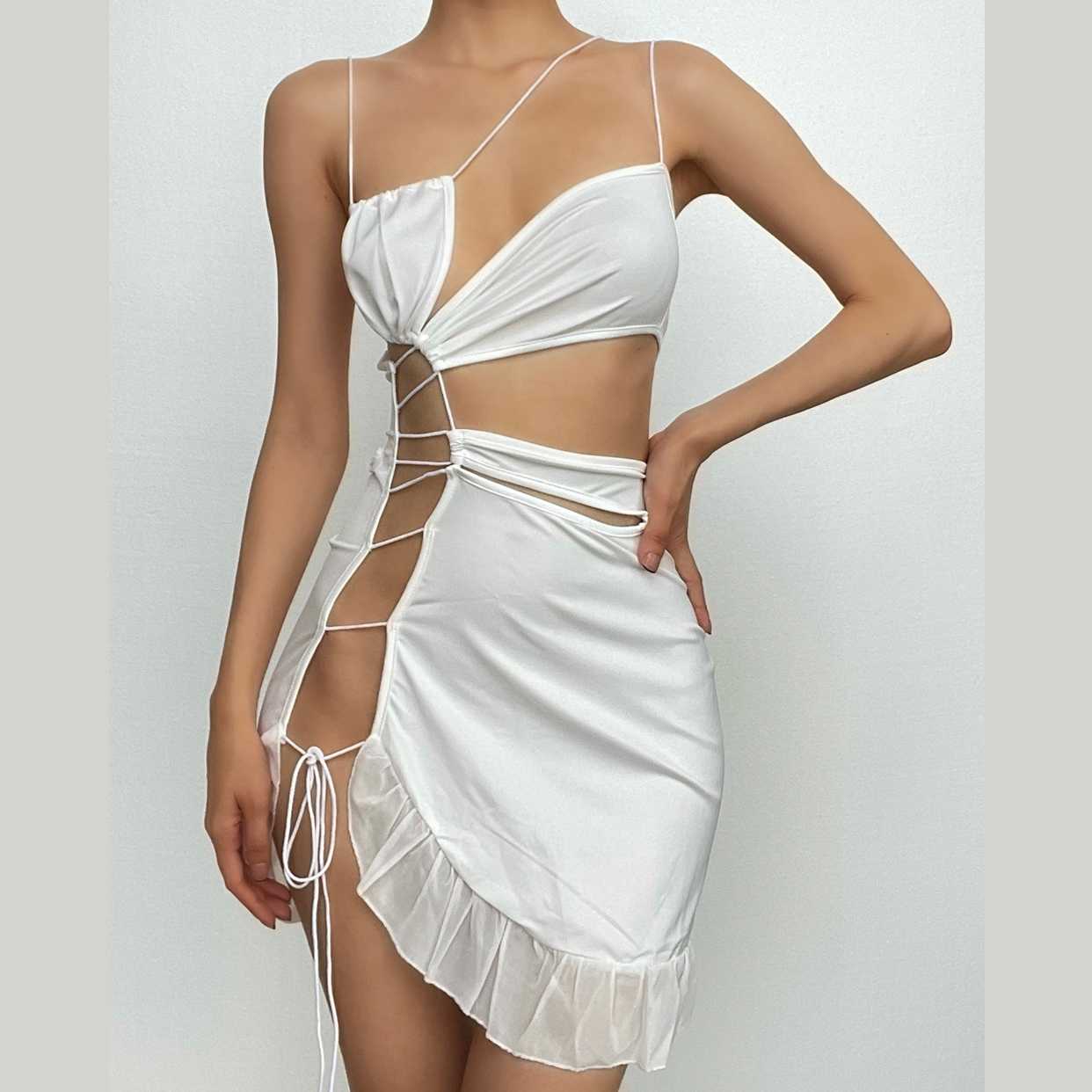 Irregular hollow out ruffle backless one shoulder spaghetti strap mini dress