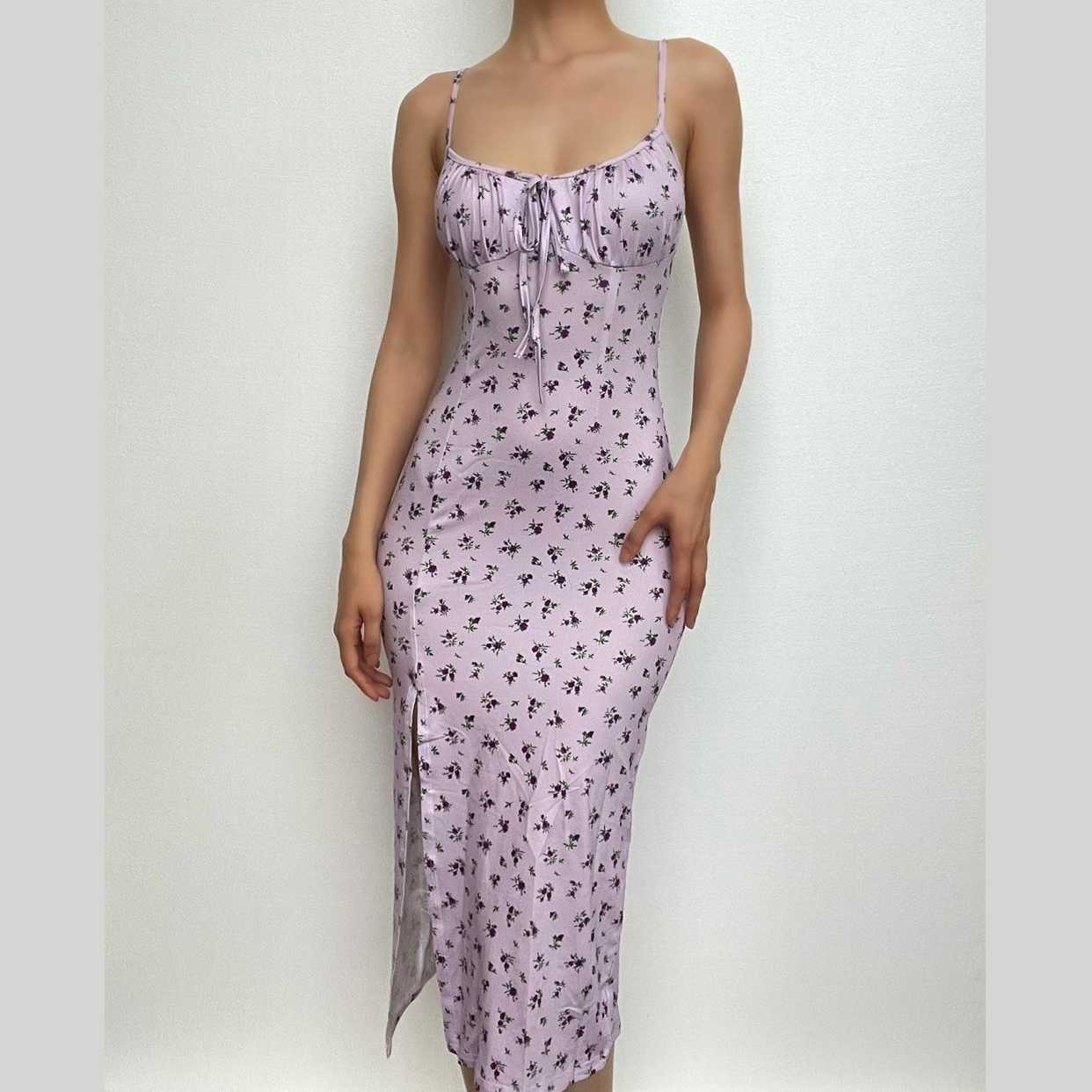 High slit floral heart neck ruched dress