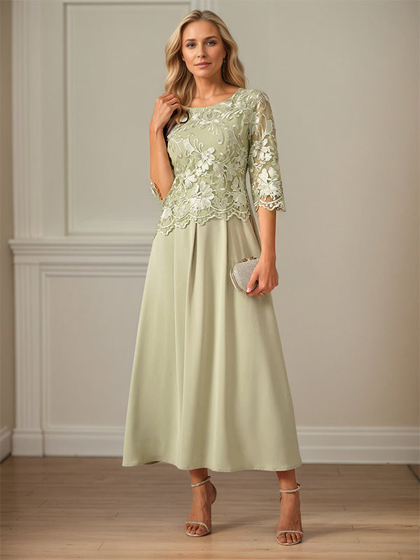 Crew Neck A Line Ruffle Ruched Lace Maxi Dress Mother Of The Bride Dress