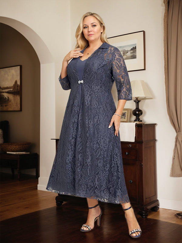 A-line V-Neck Tea-Length Chiffon Mother of the Bride Dress