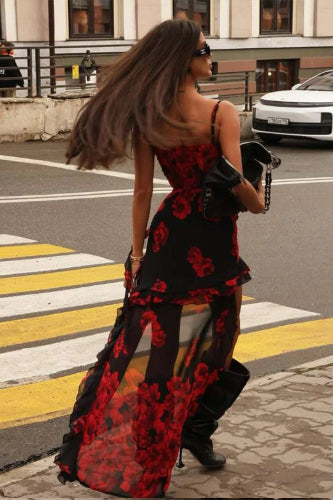 Ruched Low-Neck Floral Dress - View 5 | FashionDia