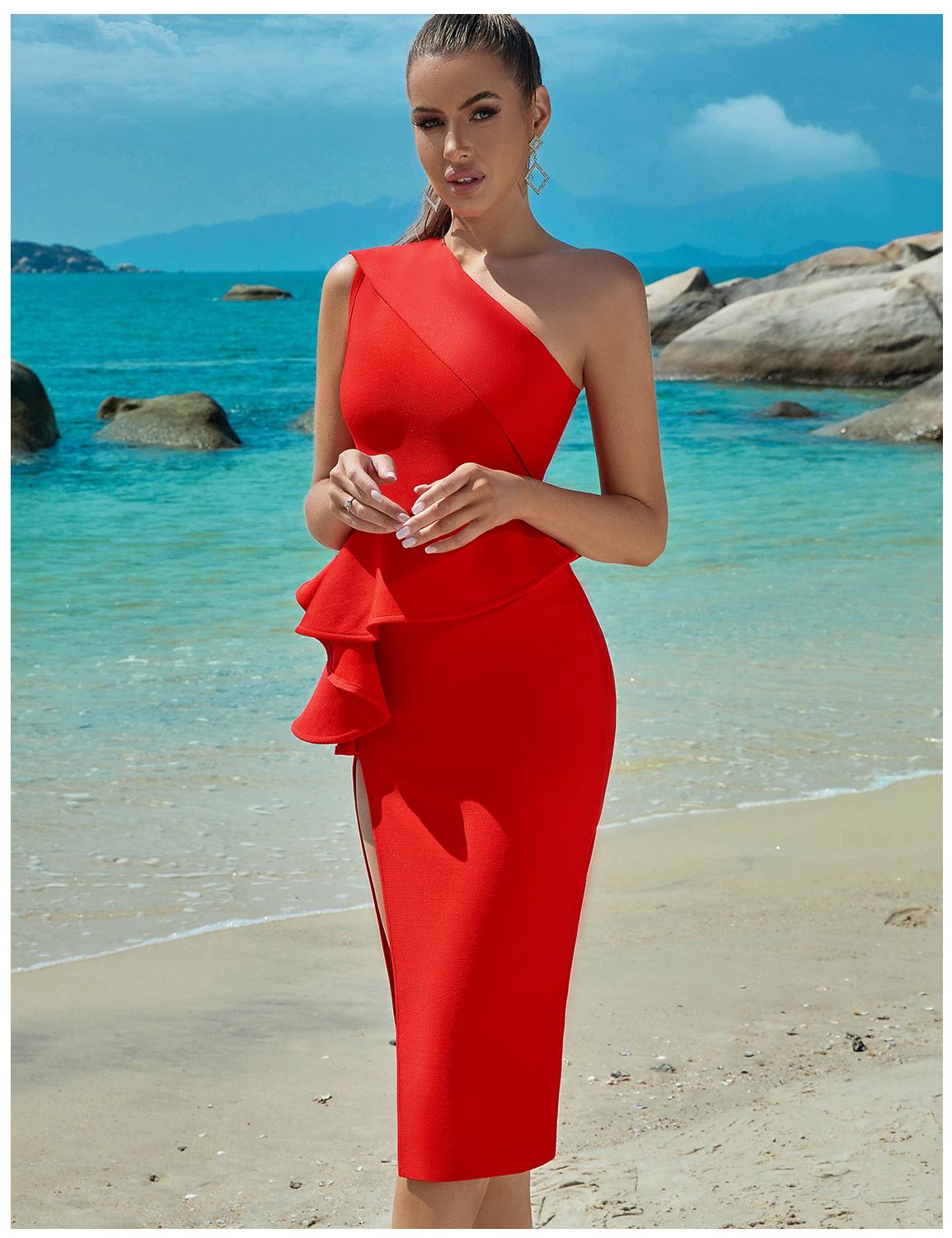 Bandage Dress Evening Dress - One Shoulder Ruffled Slit Party Dress for Summer - View 2 | VelvetHem