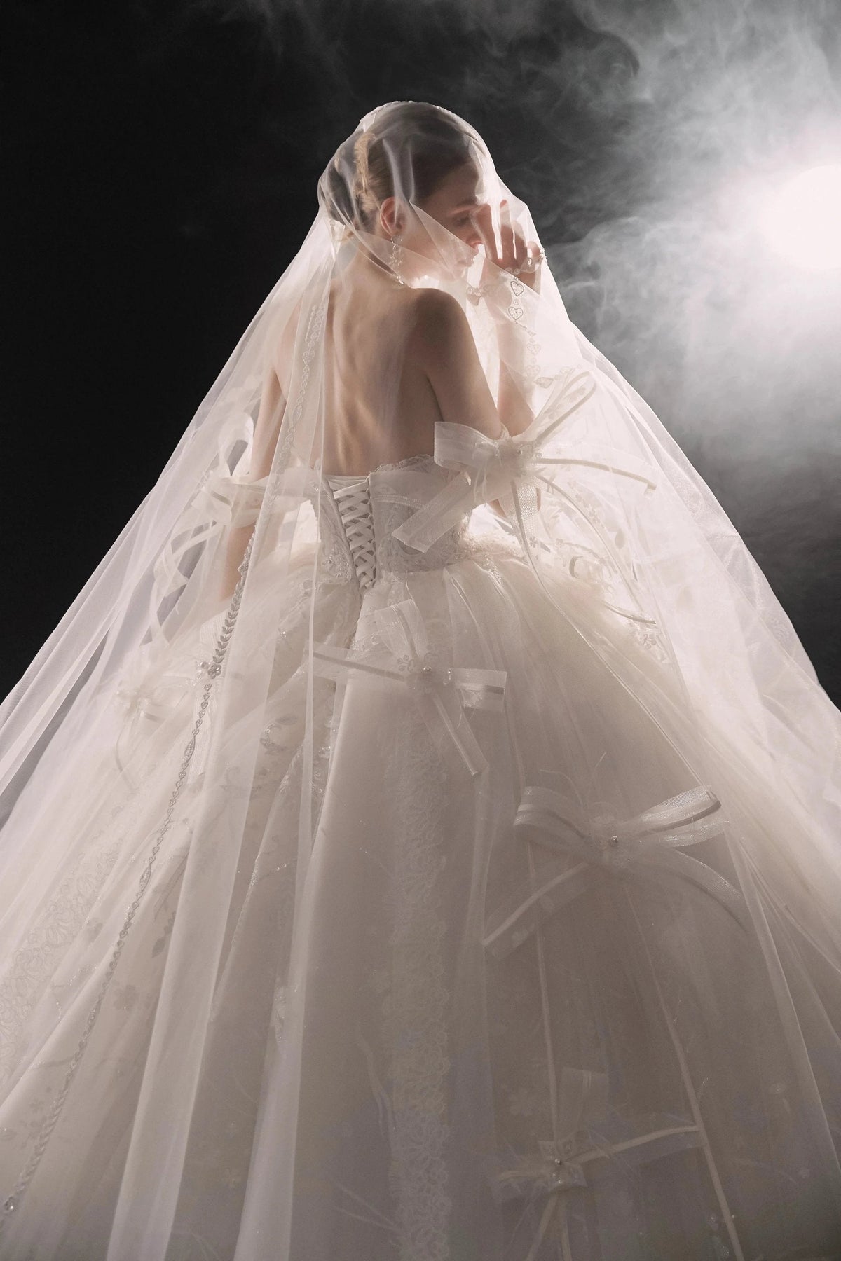 Romantic Strapless Ball Gown Tulle Ribbon Embellished Lace Wedding Dress with Voluminous Skirt (ZD16901) - View 6 | VelvetHem