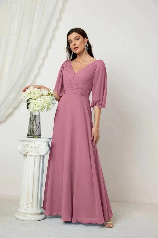 Numbersea Formal Prom Gown Women V-Neck Chiffon Bridesmaid Dresses Long Bishop Sleeve Party Dress 2807 by numbersea