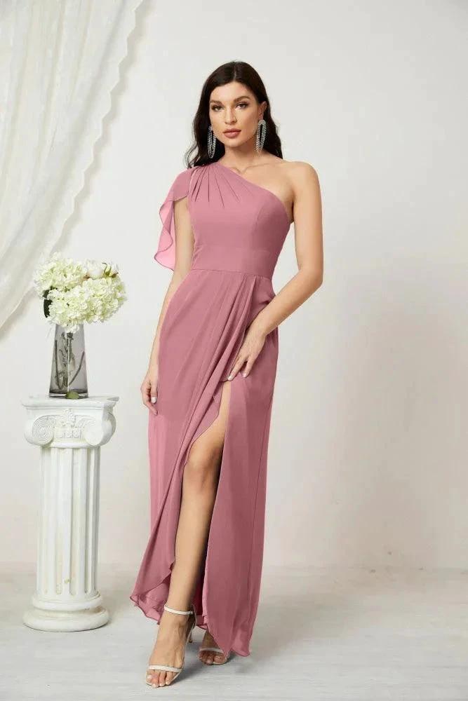 Numbersea Chiffon Ruffled One Shoulder Long Bridesmaid Dresses A-line Formal Evening Gown Side Split 2809 by numbersea