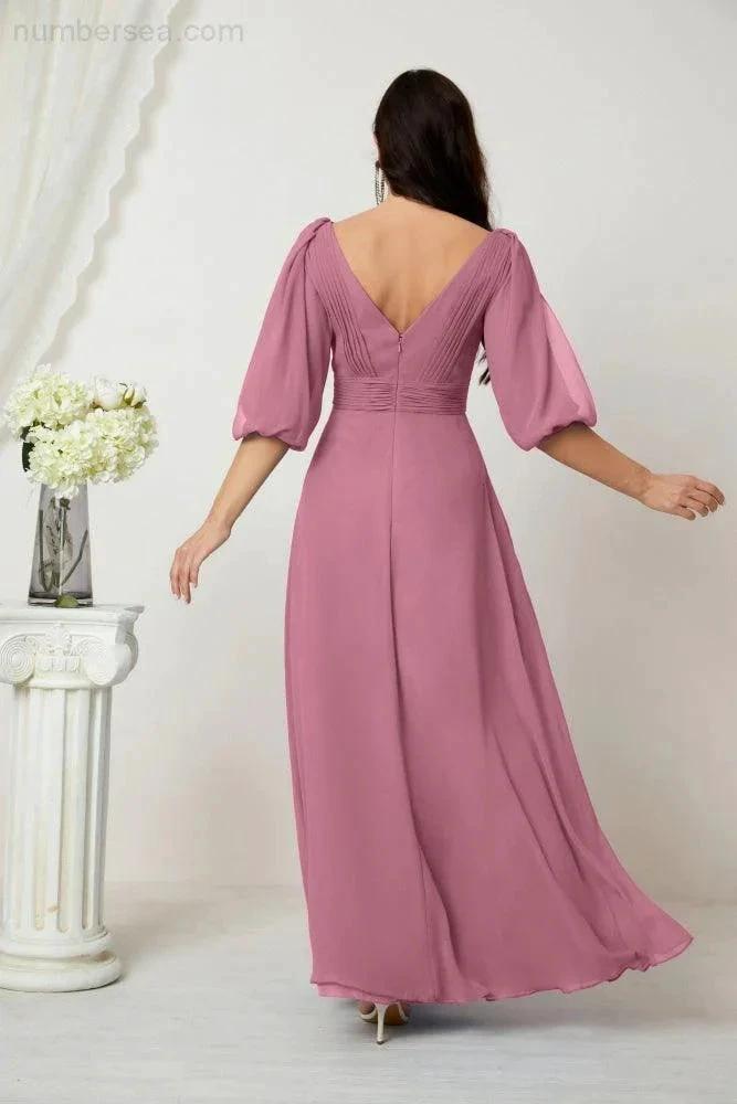 ZapDress Formal Prom Gown Women V-Neck Chiffon Bridesmaid Dresses Long Bishop Sleeve Party Dress 2807 (ZD17027)