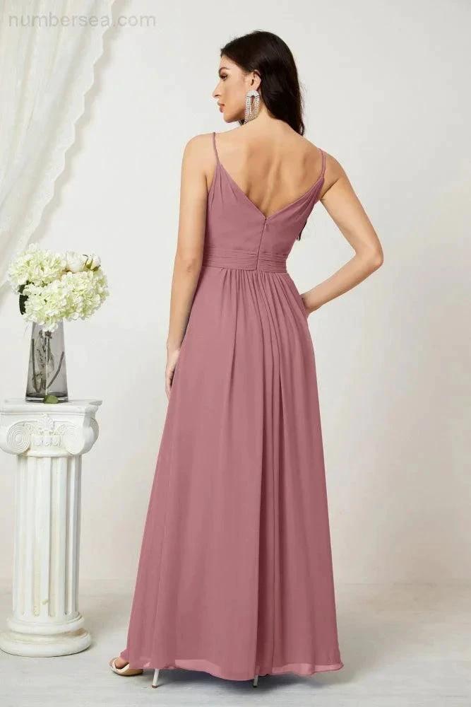ZapDress Chiffon V-Neck Bridesmaid Dress Spaghetti Strap Long Formal Party Prom Gowns with Slit 28010 (ZD17028)