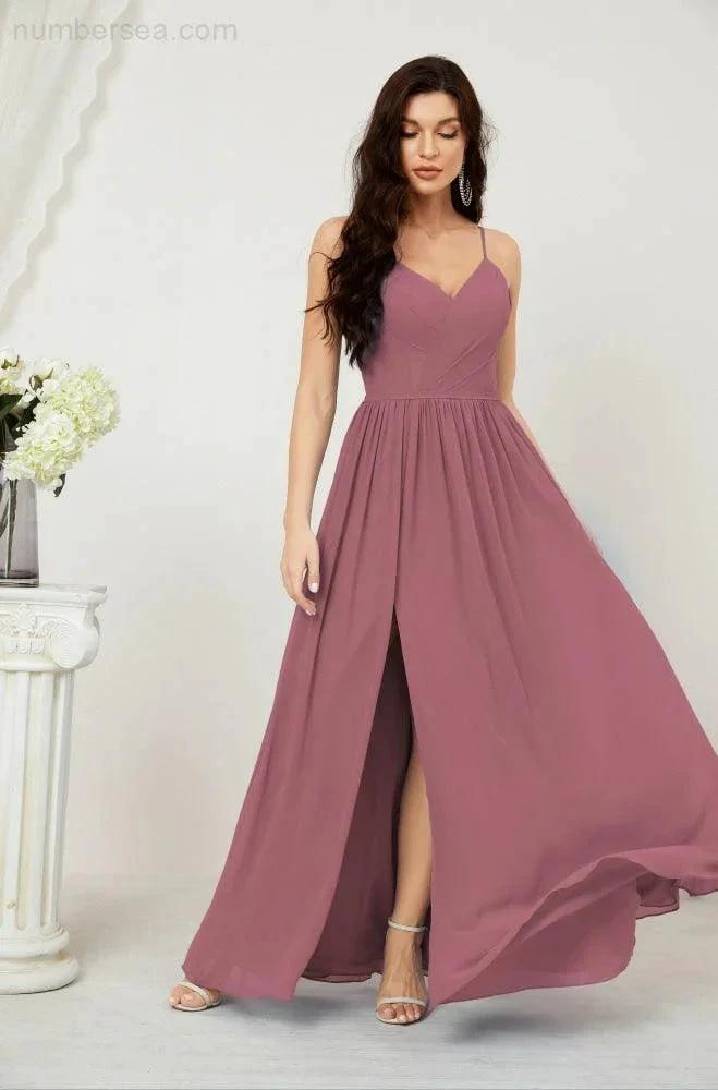 ZapDress Neck Bridesmaid Dresses Chiffon Long Spaghetti A-line Formal Prom Gown for Wedding Party Evening 2801 (ZD16961)