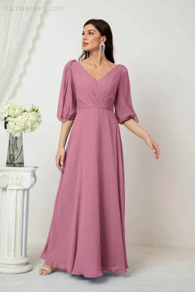 ZapDress Formal Prom Gown Women V-Neck Chiffon Bridesmaid Dresses Long Bishop Sleeve Party Dress 2807 (ZD17027)