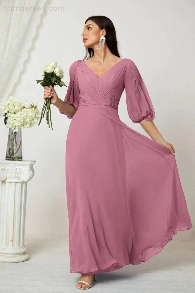 ZapDress Formal Prom Gown Women V-Neck Chiffon Bridesmaid Dresses Long Bishop Sleeve Party Dress 2807 (ZD17027)