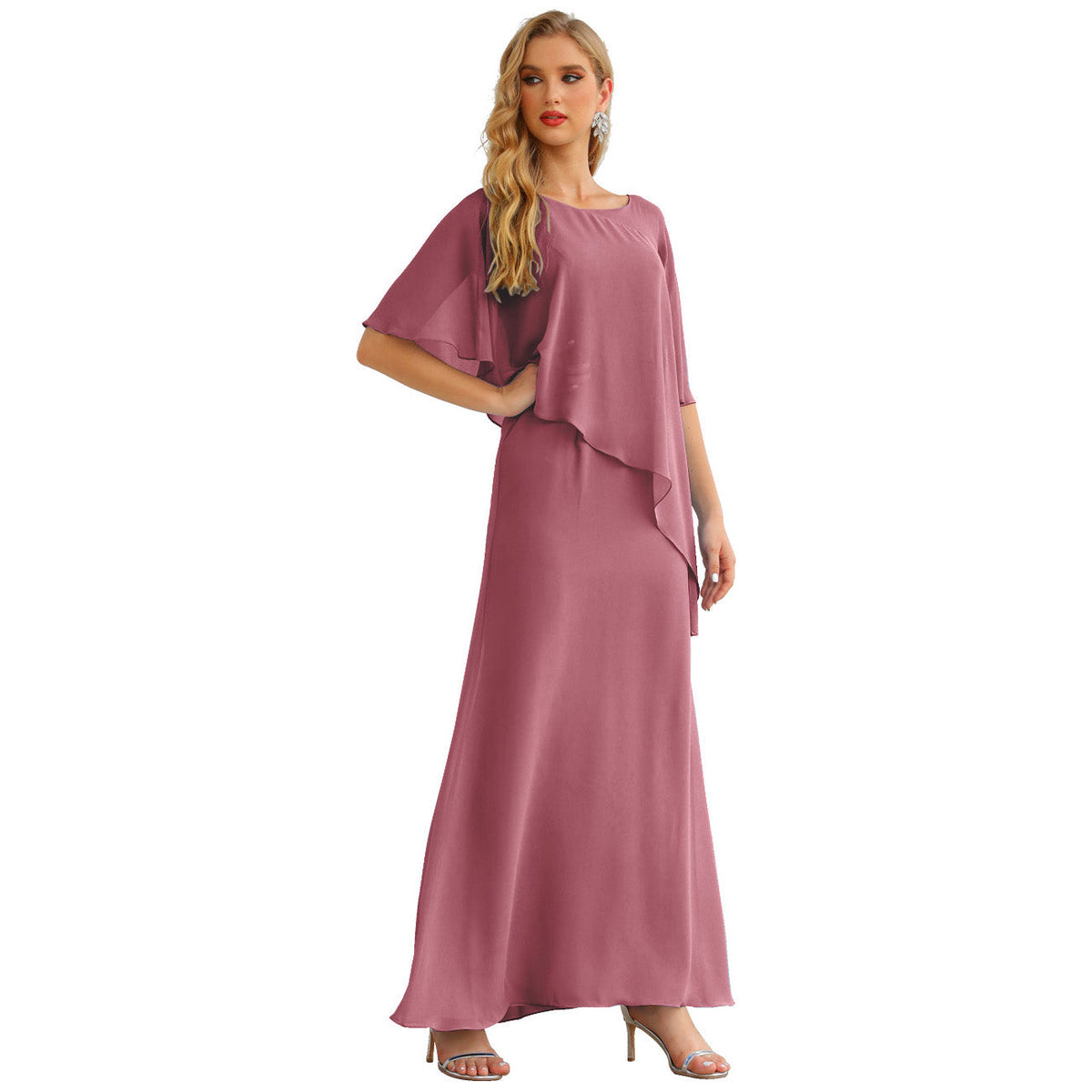 Sunnderly Chiffon Plus Size Mother of The Bride Dresses Formal Prom Gown Ruffle Cape - View 7 | VelvetHem