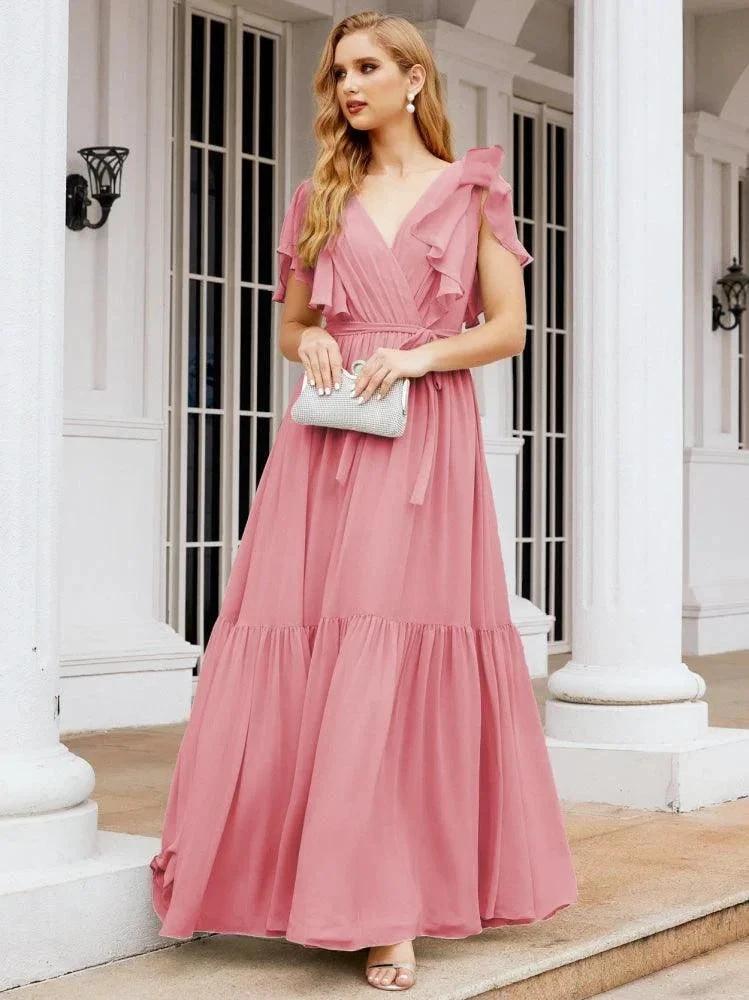 Numbersea Women's Open Back Formal Evening Party Prom Gowns V-Neck Long Chiffon Bridesmaid Dresses with Waist Belt 28038 by numbersea