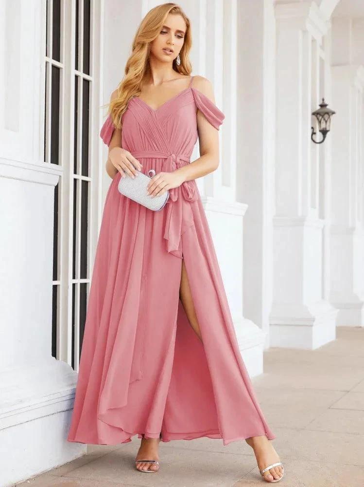 Numbersea Off The Shoulder Chiffon Bridesmaid Dress Long Formal Graduation Gown with Cowl Back 28069 by numbersea