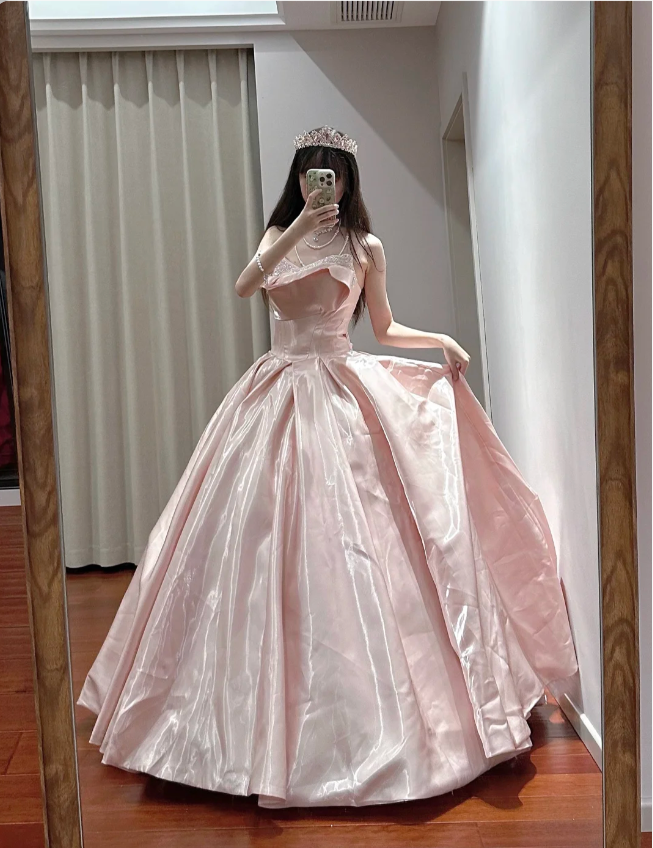 Princess Pink Strapless Ruffled Neck Satin Floor-Length Ball Gown Evening Dress - View 2 | FashionDia